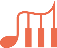 logo BLANC d'une lettre M qui ressemble à une note de musique et un clavier de piano